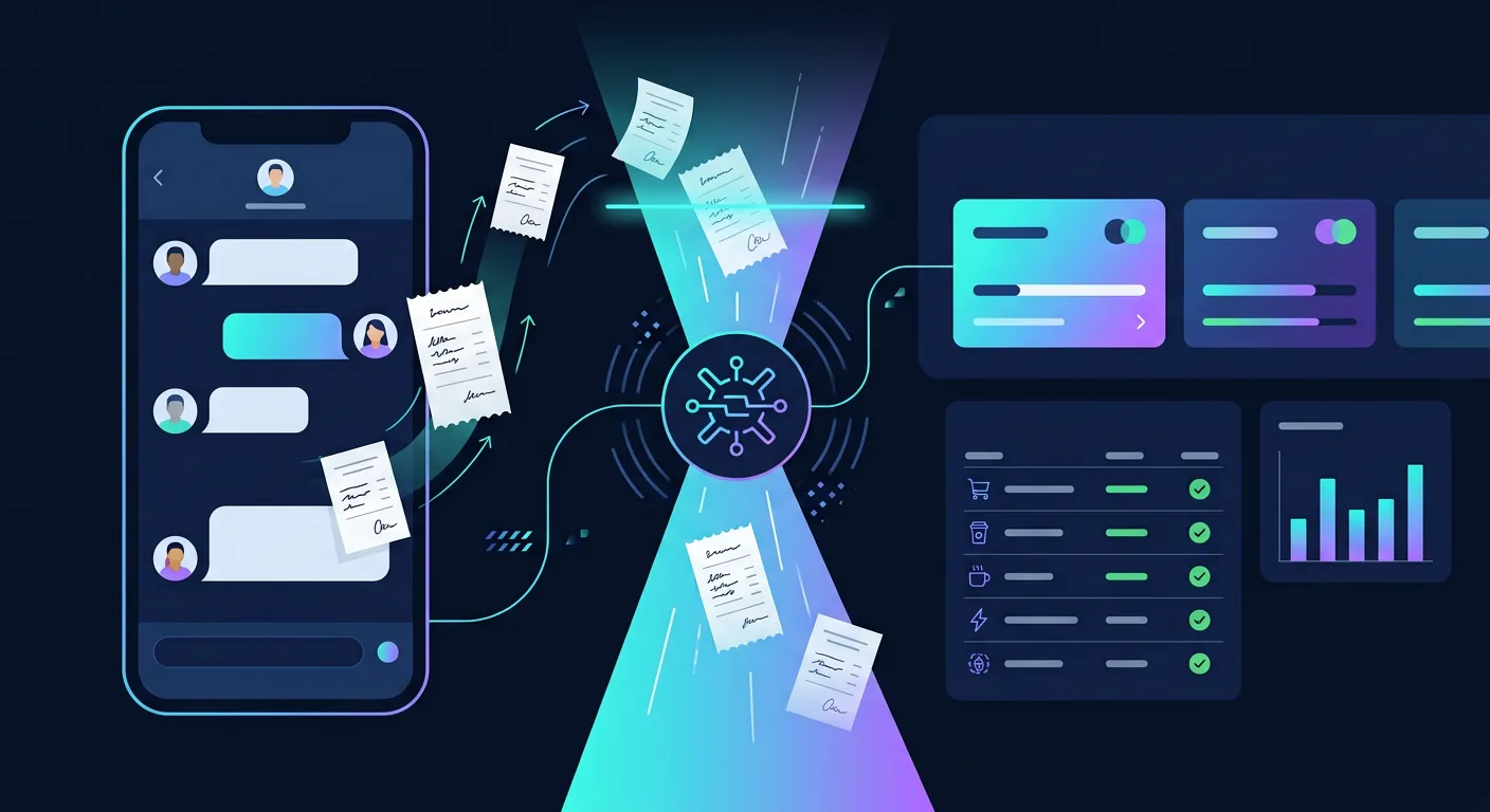Vista previa del flujo de OCRBank Pro: comprobantes enviados por WhatsApp, lectura OCR y dashboard con saldos